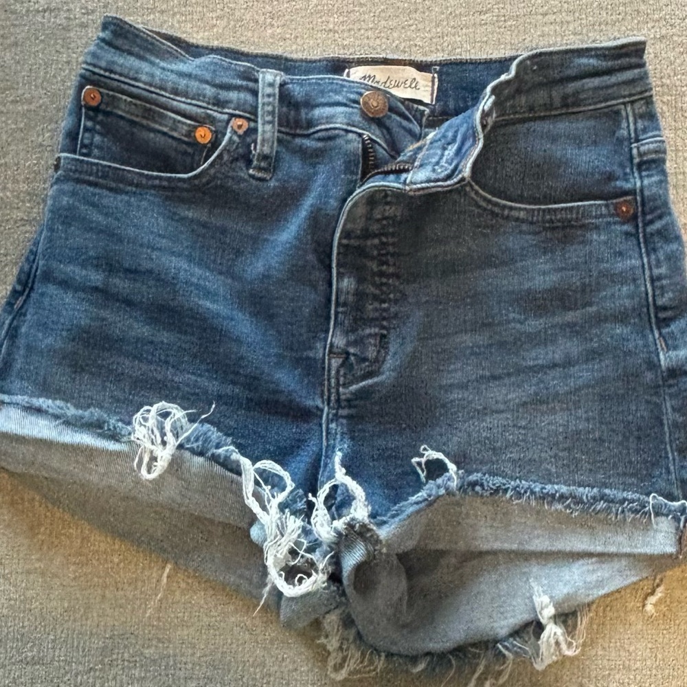 Madewell High Rise Denim Shorts Size 24 Distressed Raw Hem Blue Jean Shorts